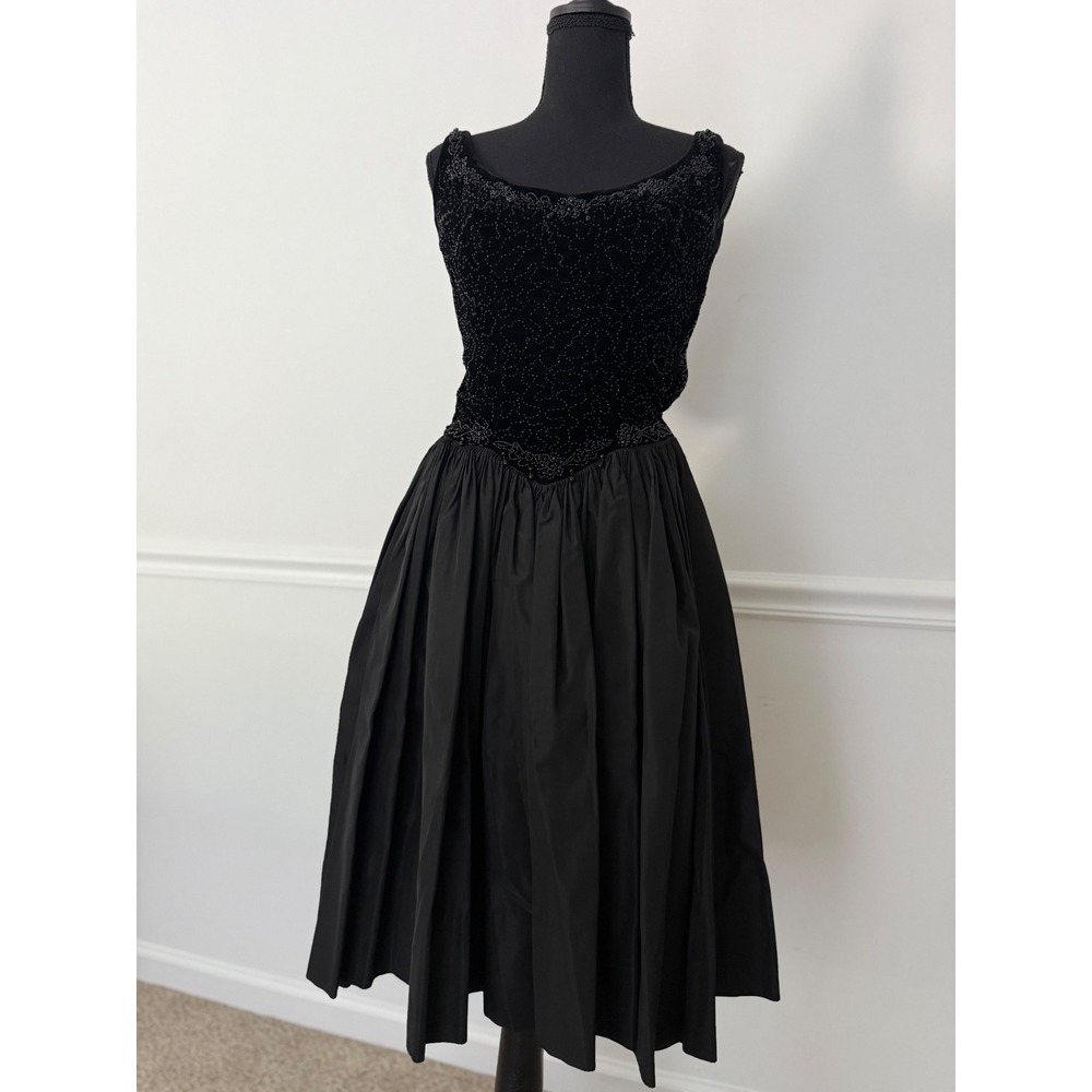 Gothic glam Black Velvet taffeta Midi Dress Whimsigoth Beaded Basque waist XS/S - Picture 4 of 10